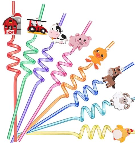 24 Reusable Farm Animal Straws with Cleaning Brushes - Party Supplies