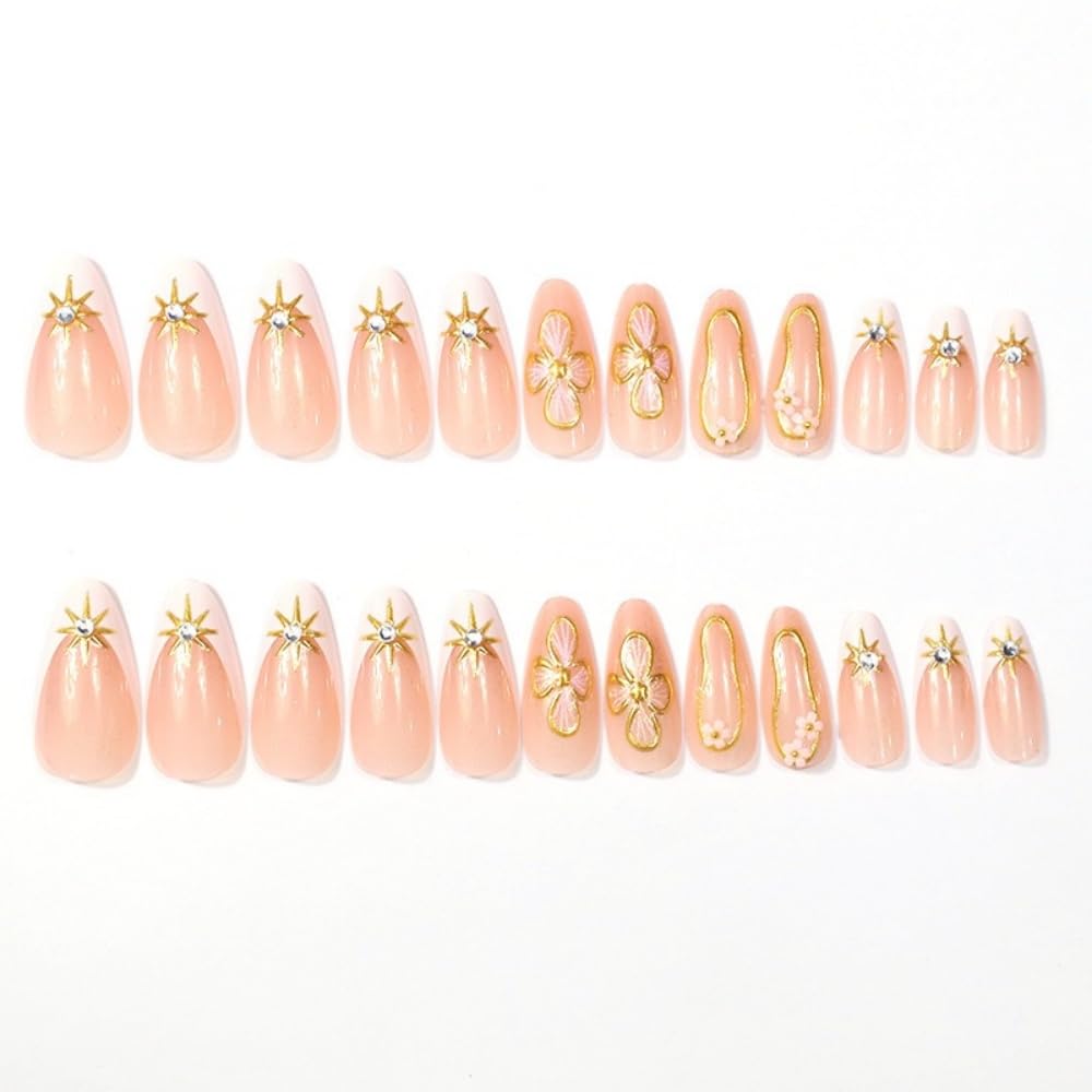 Almond Press On Nails - 24pcs Short Artificial False Nails with Simple Style Designs, Glossy Glue On Stick On Nails for Women's Manicure
