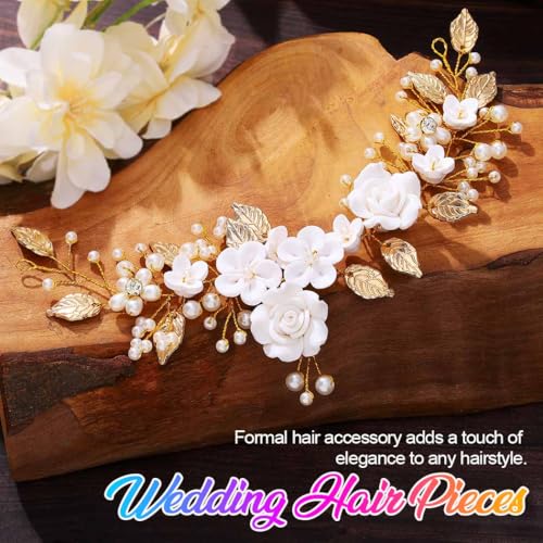 Gold Flower Bride Wedding Hair Vine with Pearls & Rhinestones