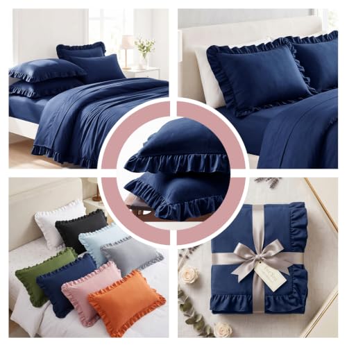 Set of 2 Navy Blue Ruffle Pillow Shams - Soft Microfiber, 20x26 Inches
