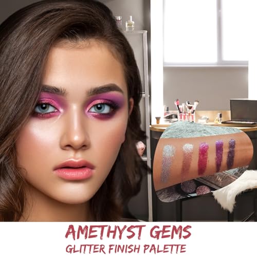 Profusion Cosmetics Amethyst Gems Glitter Eyeshadow Palette - 5 Vibrant Shades, Built-In Primer, Vegan & Cruelty-Free