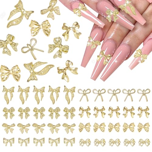 40 Pcs Gold Bow Nail Charms for Nail Art - Shiny Alloy Accessories