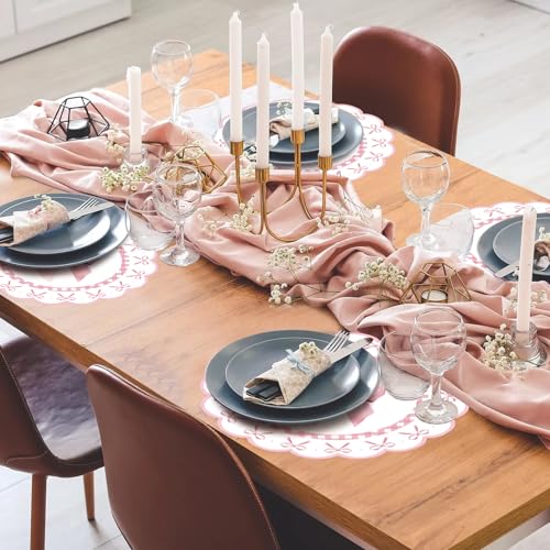50 Pink Bow Disposable Paper Placemats - 13.4 Inch Round Table Mats for Parties
