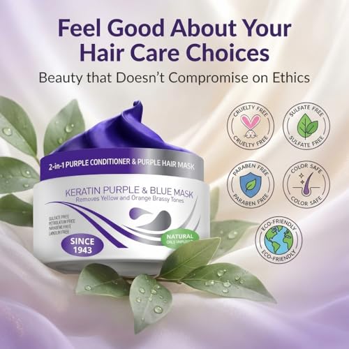 VITAMINS hair cosmetics Keratin Purple Hair Mask - Blue Hair Mask Deep Conditioner Treatment - Blonde Toner to Neutralize Brassiness in Brassy Blonde, Silver, White, Gray & Brown Locks