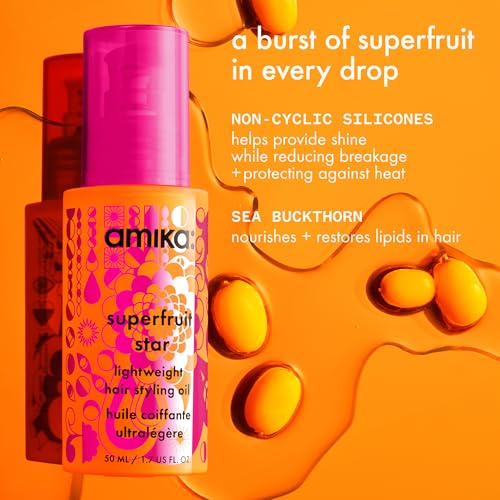 amika superfruit star lightweight hair styling + heat defense oil | heat protection, strengthen + reduce breakage, smooth frizz, add glossy shine | for all hair types