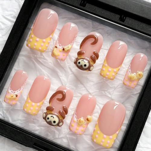 Handmade 3D Monkey Press On Nails - Medium Square French Tip Reusable Set