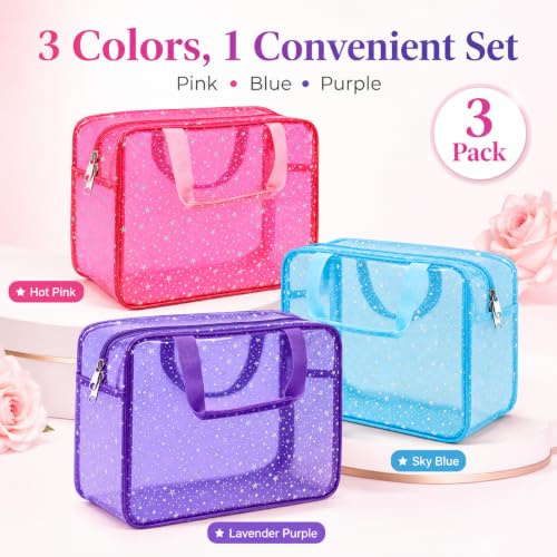 Mhtdet 3-Pack Large Clear Star Makeup Bags - Pink, Purple, Blue - Travel & Cosmetic Organizer