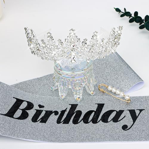 CURASA Silver Birthday Tiara and Sash Set - Rhinestone Crown for Women