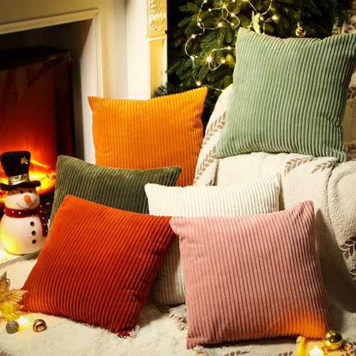 Colingmill 6-Piece Fall Corduroy Pillow Covers - 18x18 Inch Soft Striped Cushions