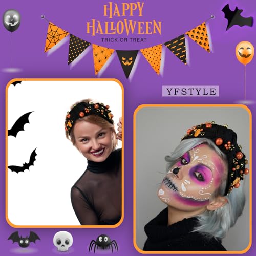 Black Pumpkin Headband for Halloween | Gothic Pearl & Rhinestone