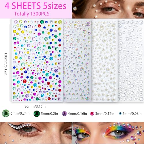 Self-Adhesive Face Gems 4 Sheets for Makeup & Body Art - Tiebblove