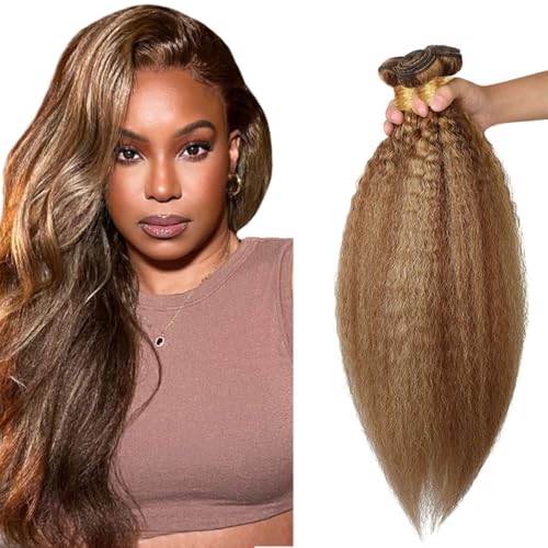ZevPiul Kinky Straight Human Hair Bundles P4/27 Highlight Brown & Blonde