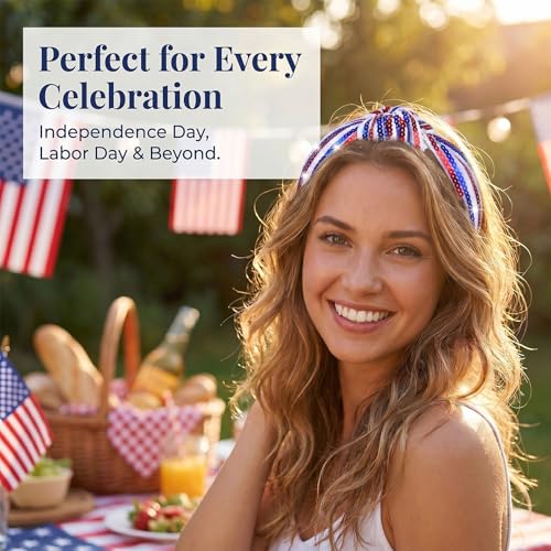 4th of July Patriotic Headband for Women Red White Blue Sequin Hair Accessory