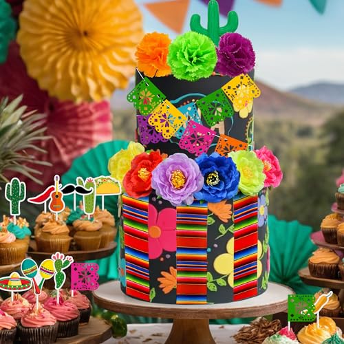 33 PCS Mexican Fiesta Cake Topper Set with Cactus & Flowers