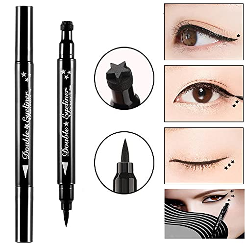 Pinkiou Double-Headed Liquid Eyeliner Pen & Stamp - Waterproof, Smudge-Proof, Long Lasting, Slim Gel Felt Tip for Eye Makeup
