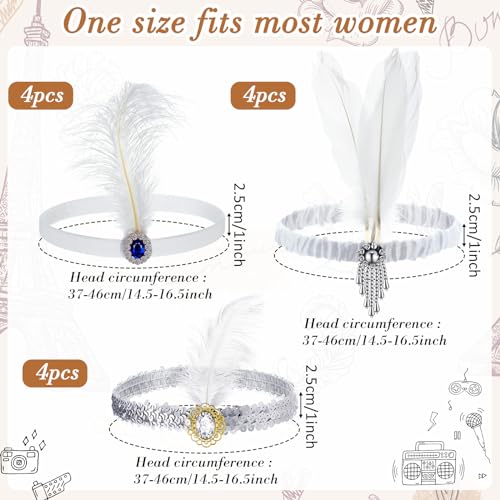 Seematn White 12 Pcs 1920s Flapper Headpiece with Rhinestones & Feathers