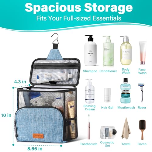 Hiverst Hanging Shower Caddy Tote, Quick-Dry Mesh Toiletry Bag for Travel