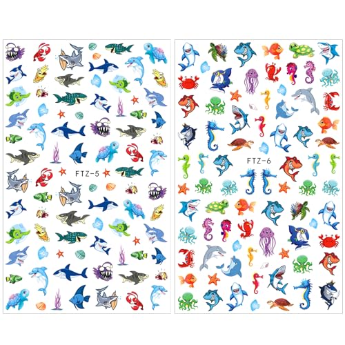 FUMIHIT Ocean Animals 8 Sheets Shark Nail Art Stickers 3D Self-Adhesive Decals