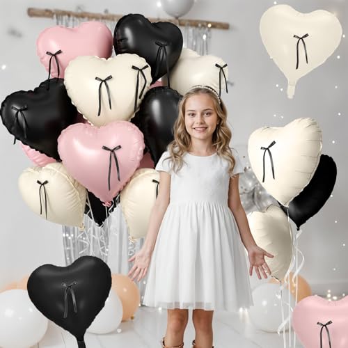 10 Pcs Pink and Black Heart Balloons with Ribbons - 18 Inch