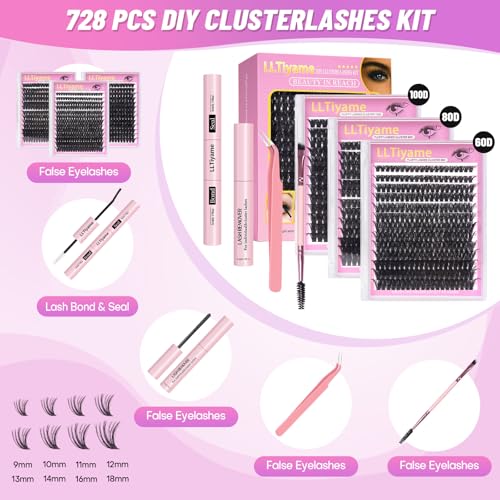 728Pcs Eyelash Cluster Kit with Bond & Seal - Fluffy Volume False Eyelashes for DIY Extensions