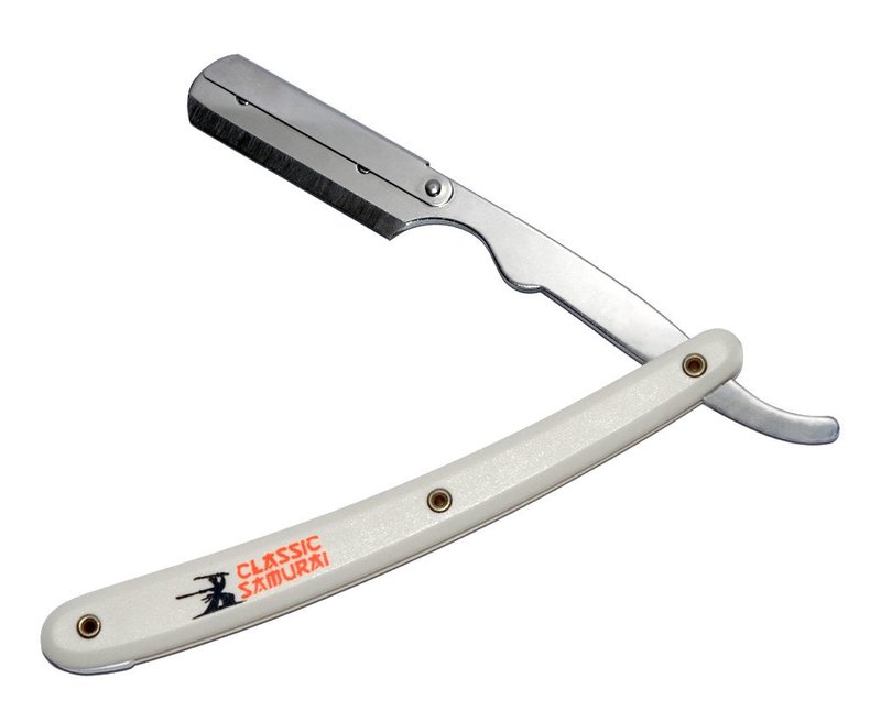 Classic Samurai Stainless Steel Professional Barber Folding Straight Edge Razor with 200 Count Lord Single Razor Blades (White)