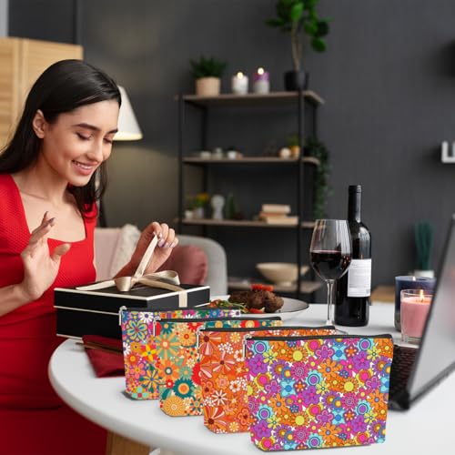 4 Pcs Retro Floral Makeup Bag Set, Boho Cotton Linen Travel Toiletry Pouch