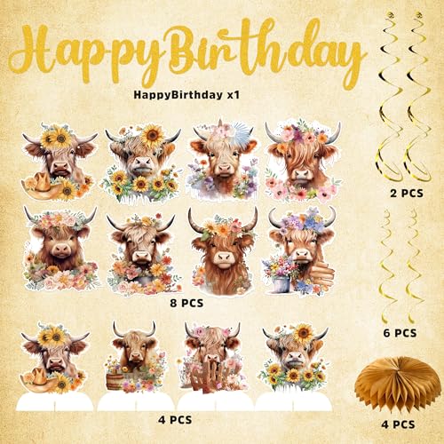 19PCS Highland Cow Birthday Decorations Set - Farm Theme Party Supplies