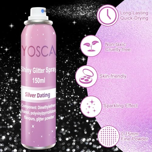 Yosca Silver Body Glitter Spray 150ML for Hair & Body - Diamond Shine, Perfect for Date Night