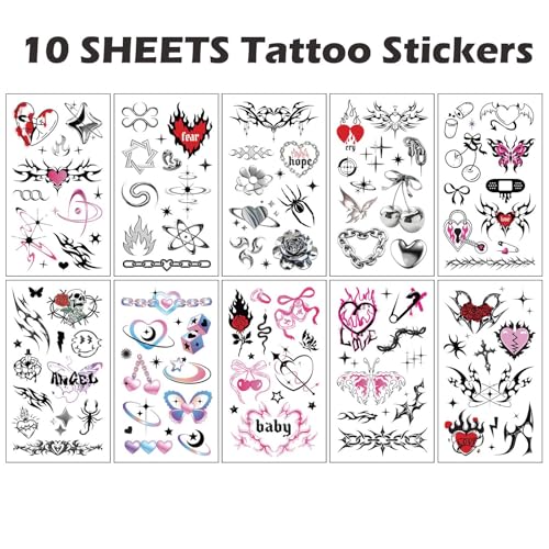 Y2K Aesthetic Temporary Tattoos Set - 10 Sheets Waterproof Stickers