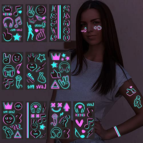 Konsait 10 Sheets Glow in the Dark Temporary Tattoos - Music Notes & Neon Designs