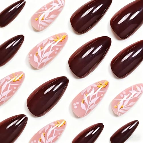 IMSOHOT Fall Brown White Maple Leaf Fake Nails - Medium Almond Press-On 24Pcs B012Brown