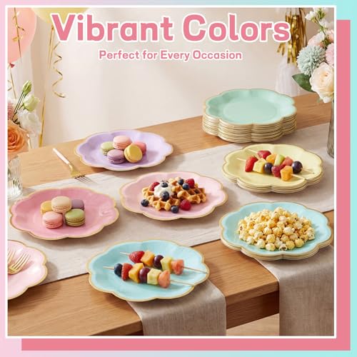 60 Pastel Paper Plates, 7-Inch Scalloped Dessert Plates with Gold Rim