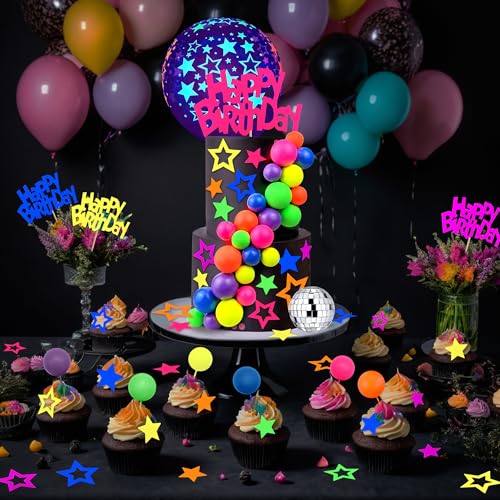 56 PCS Neon Glow Cake Topper Set - Happy Birthday & Star Toppers