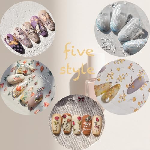 5D Floral Nail Stickers - Self-Adhesive Vintage Designs, 2 Sheets