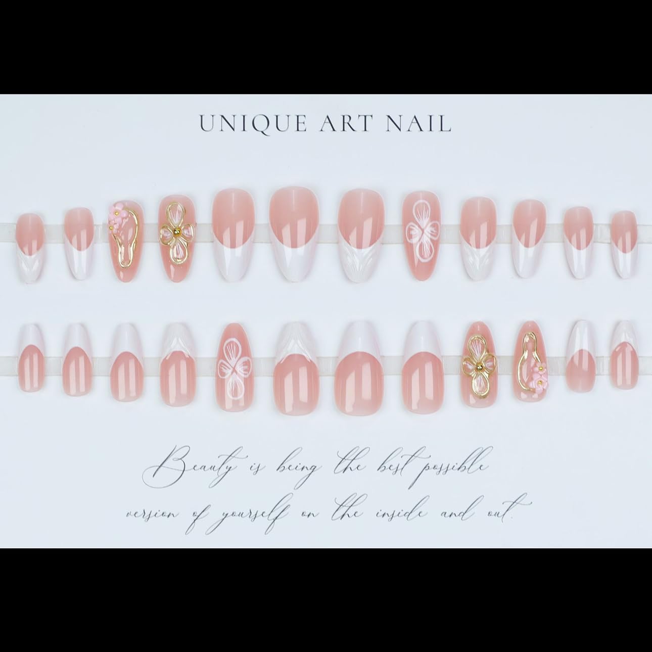 French Tip Press-On Nails - 24Pcs White Wave Almond Design | 3D Gold Foil & Pink Flowers