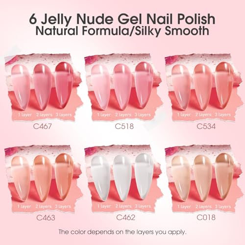 ROSALIND Jelly Pink Base Color Gel Polish Set with Sheer Nude & Sparkle Pink, 6 Colors + 2 Top Coats
