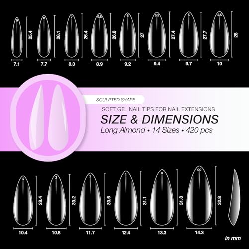 Curacoro Sculpted Long Almond Nail Tips - 420 Pcs Soft Gel