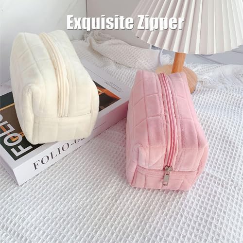 HABUAETY Pink Y2K Checkered Makeup Bag – Small Plush Cosmetic Pouch