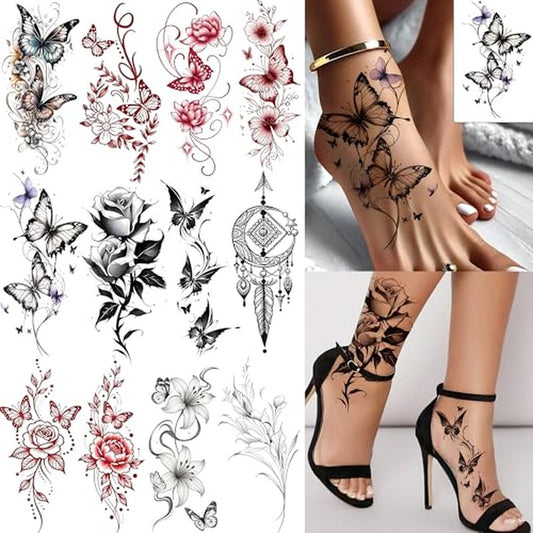 12 Sheets Beautiful Butterfly Flowers Temporary Tattoos For Women Feet Hands Body Art, Realistic Rose Peony Floral Fake Tattoo Sticker For Legs Ankle, Waterproof Lily Dreamcatcher Temp Tatoos Decals