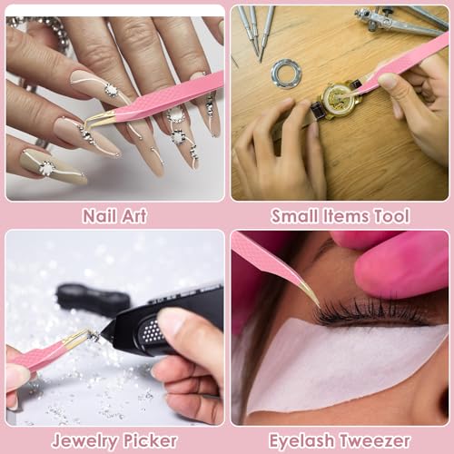 Eyelash Extension Tweezers 2 Pack - 90 Degree Microfiber Precision Lash Tweezers for Volume & Cluster Lashes, Pink