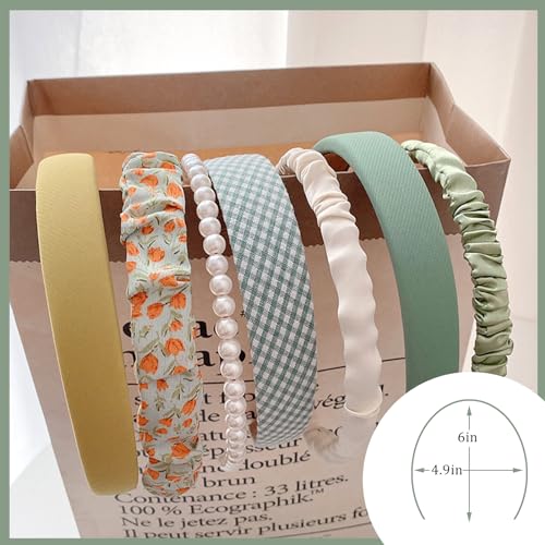 YONOY 7-Piece Fashion Headband Set for Women & Girls, Non-Slip Floral Pearl Wide Headbands (Green)