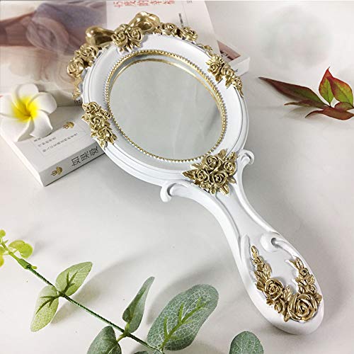 White Vintage Handheld Makeup Mirror - Rose Gold Compact Design