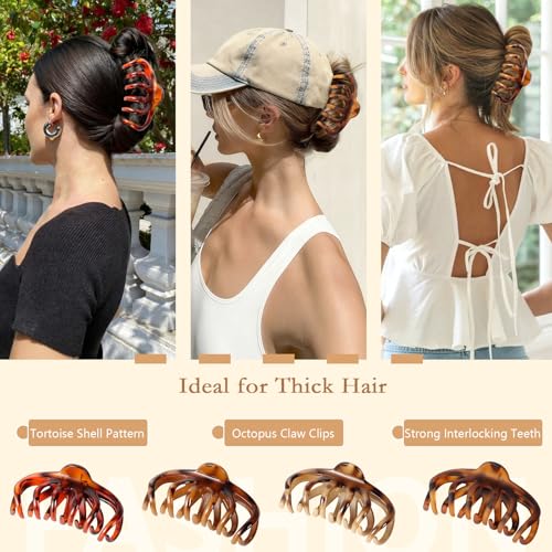 Large Tortoise Shell Claw Clips for Thick Hair - 4 Pack, Non-Slip Hair Accessories