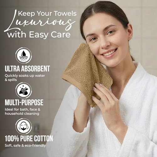 RIVERSIDE Tan Washcloths, 12 Pack - 100% Cotton, 12x12 Inches, Soft & Absorbent