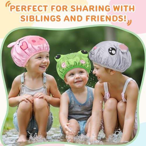 kilofly 3-Pack Reusable Animal Shower Caps for Kids & Adults Waterproof Bath Hats Set