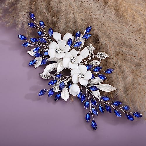 Xerling Royal Blue Rhinestone Flower Hair Barrette for Weddings