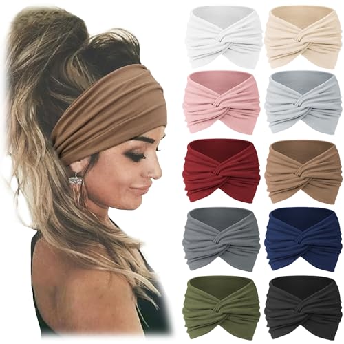 Jesries 10-Pack Extra Wide Turban Headbands for Women, Soft Stretch Boho Hair