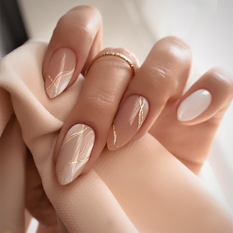 Medium Almond Press-On Nails with Gold Line Design - 24 Pcs