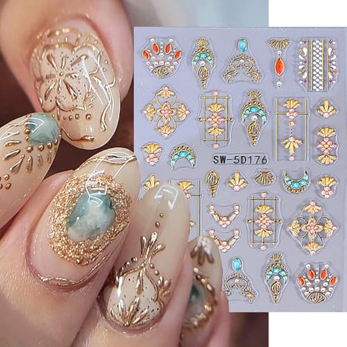 5D Gold Nail Stickers Sun Moon Flower Embossed Decals for Nail Art