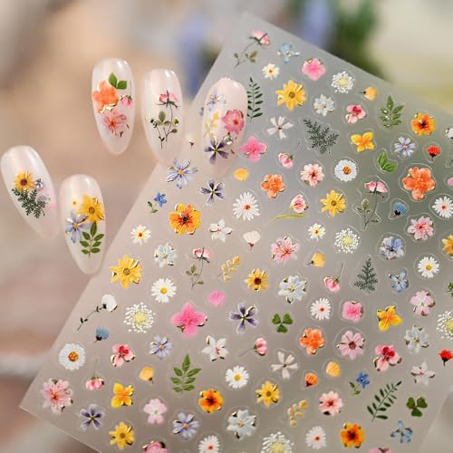 5D Embossed Dried Flower Nail Stickers - Daisy & Cherry Blossom Designs